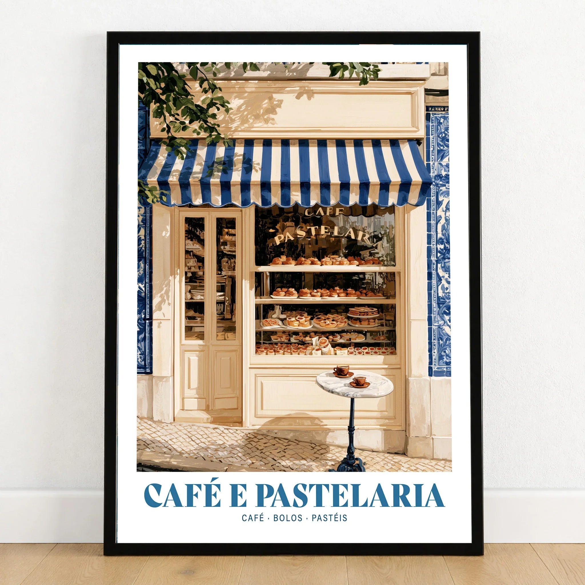 Portuguese Pastelaria Kitchen Wall Art - art print in black frame on wooden floor