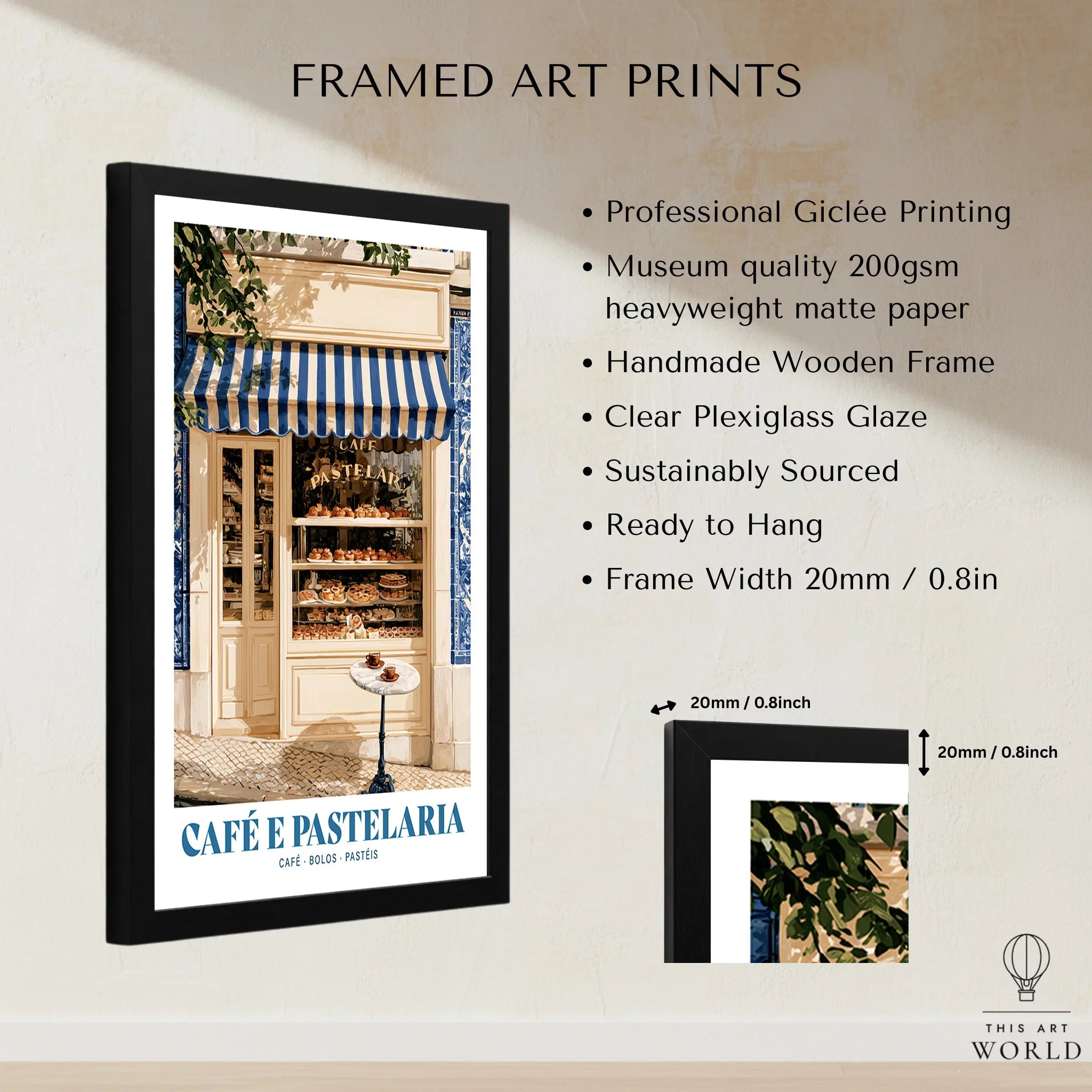 Portuguese Pastelaria Kitchen Wall Art - framed print details measurements quality details