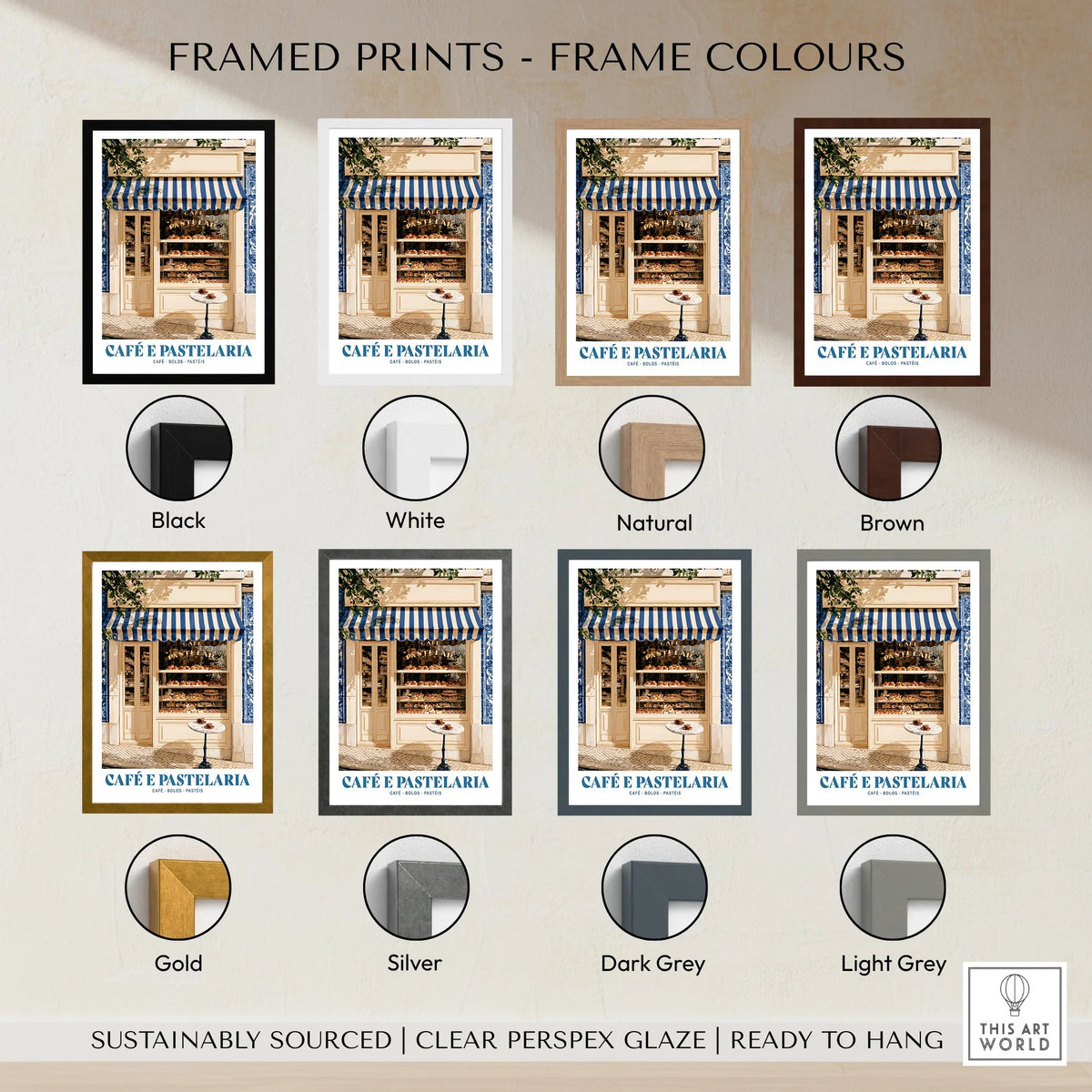 Portuguese Pastelaria Kitchen Wall Art - framed print colour options