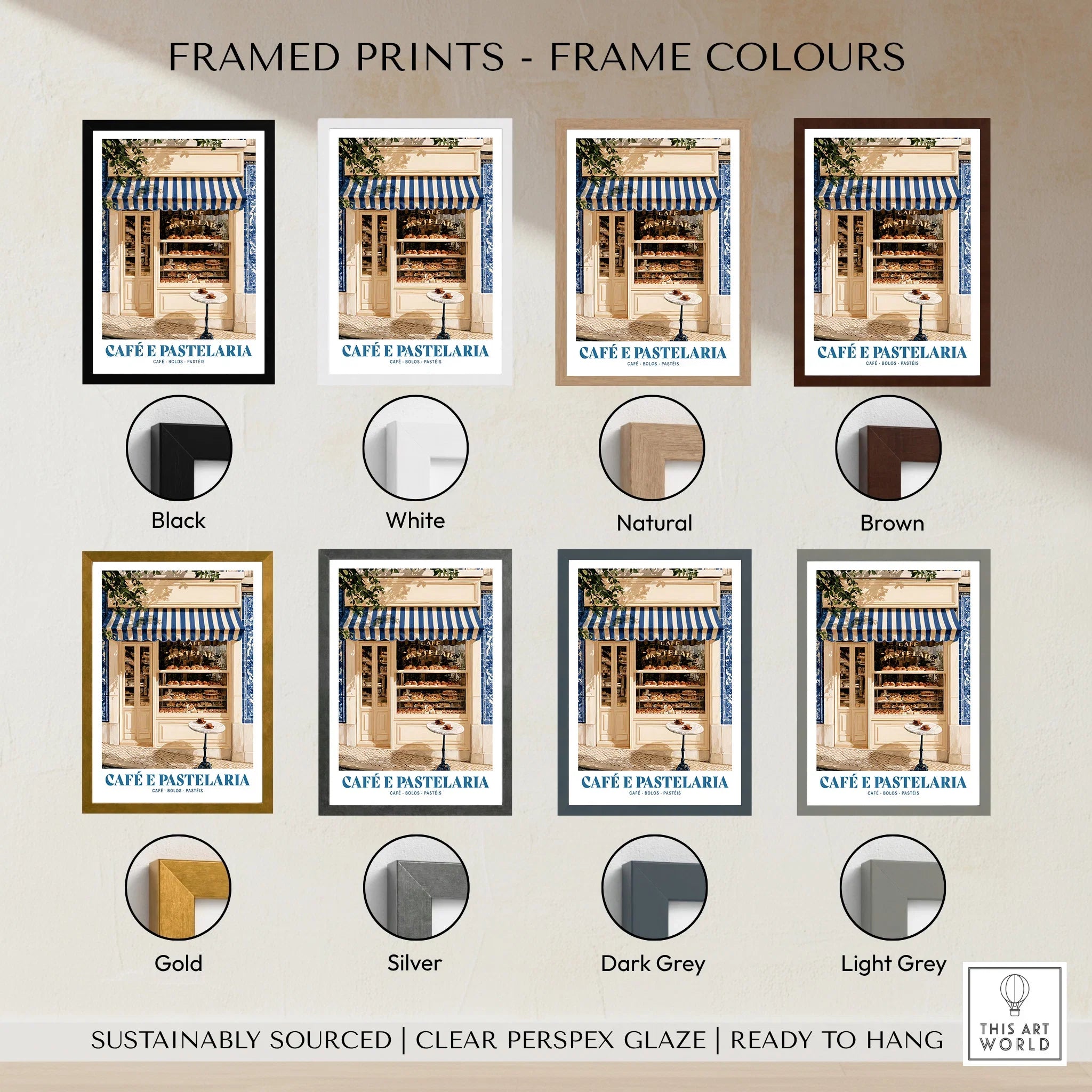 Portuguese Pastelaria Kitchen Wall Art - framed print colour options