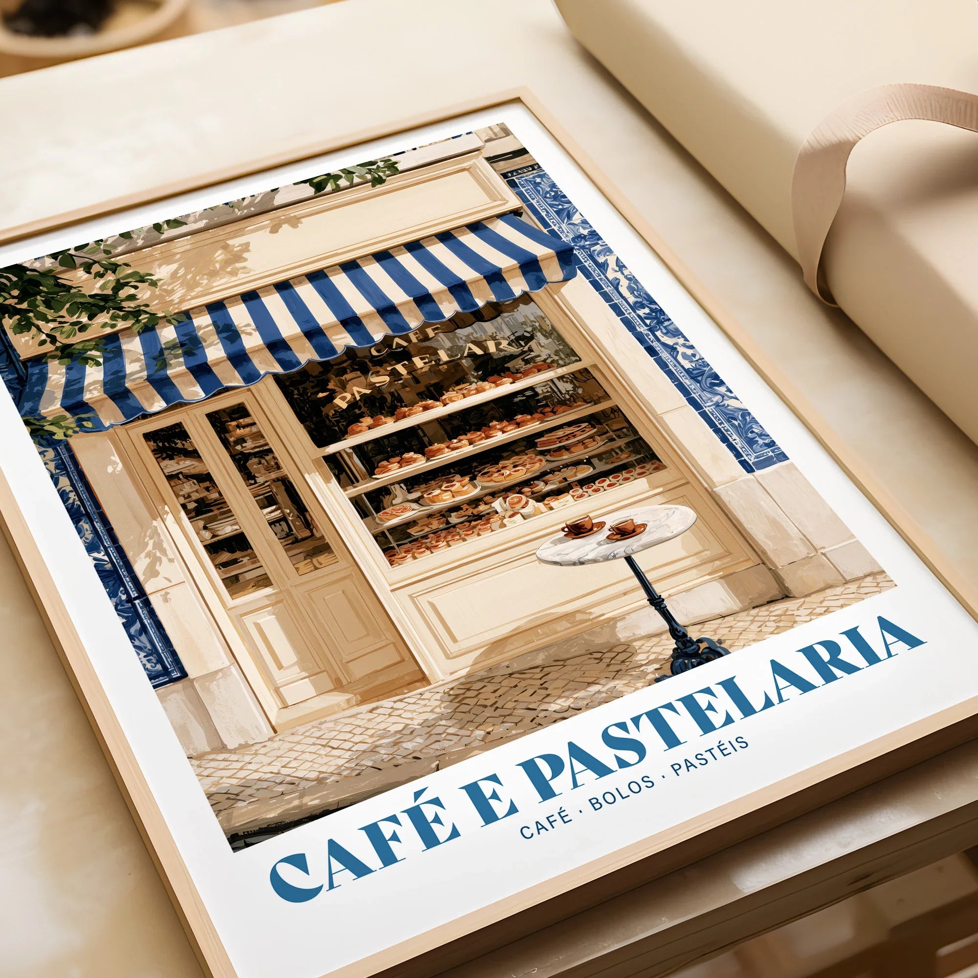 Portuguese Pastelaria Kitchen Wall Art - framed art print closeup gift unwrapped natural frame