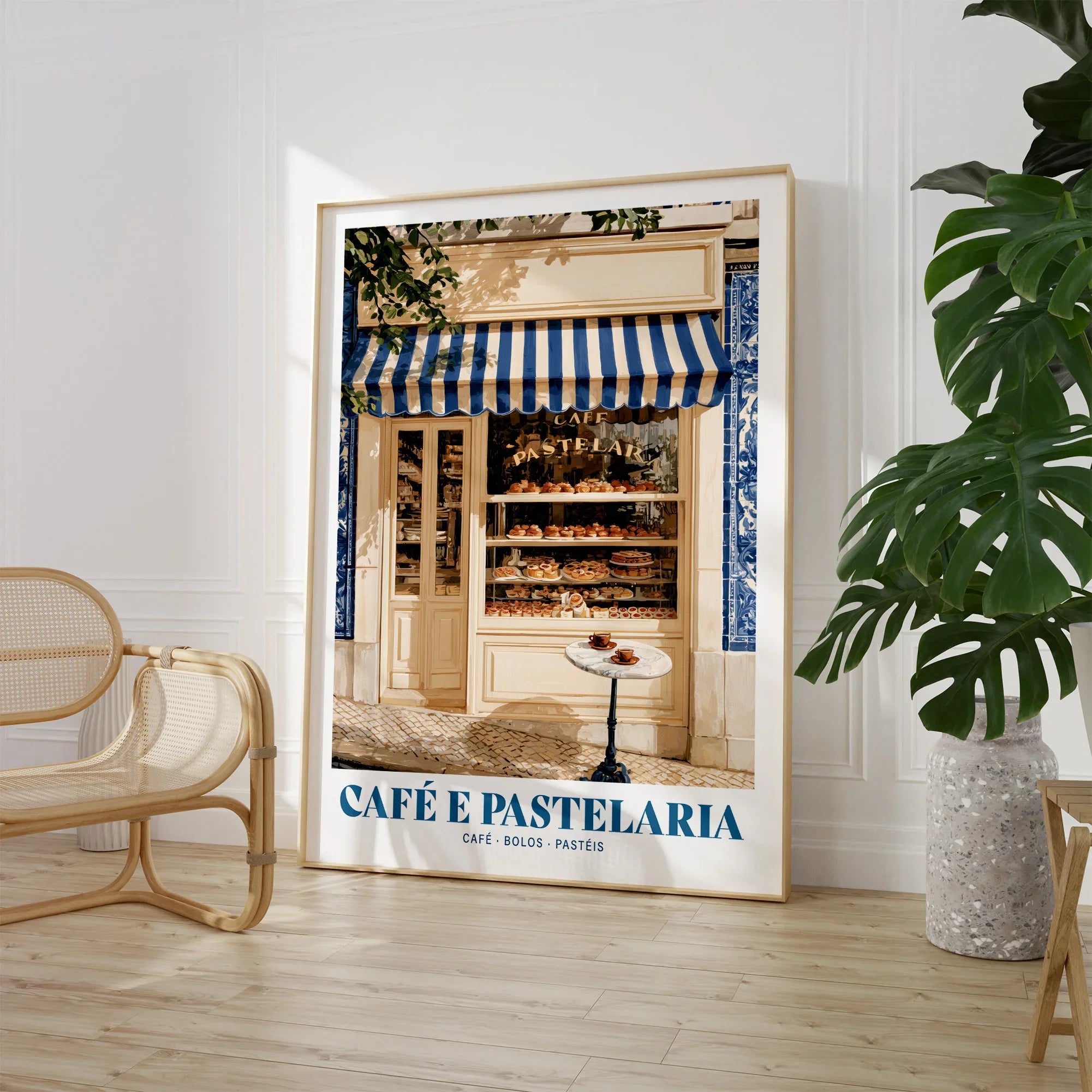 Portuguese Pastelaria Kitchen Wall Art - large framed print room setting chair plant