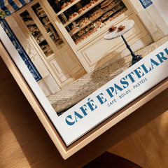 Portuguese Pastelaria Kitchen Wall Art - closeup framed canvas natural wood floating frame