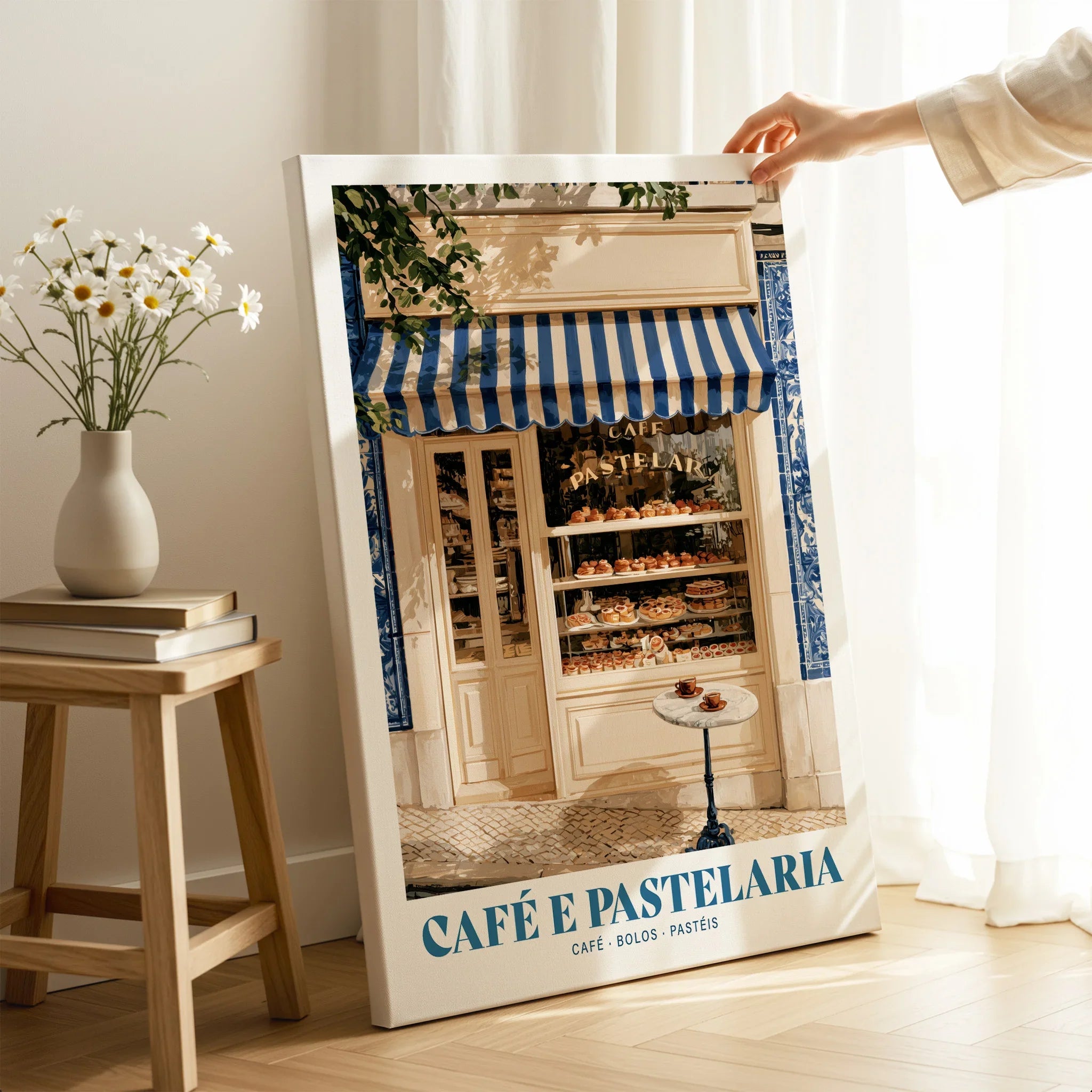 Portuguese Pastelaria Kitchen Wall Art - canvas print mirror edge hand holding room setting