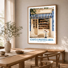 Portuguese Pastelaria Kitchen Wall Art - dining room framed print natural wood frame mockup ThisArtWorld