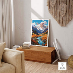 Patagonia Poster featuring vibrant colors of mountains and river, perfect for home decor and travel inspiration.