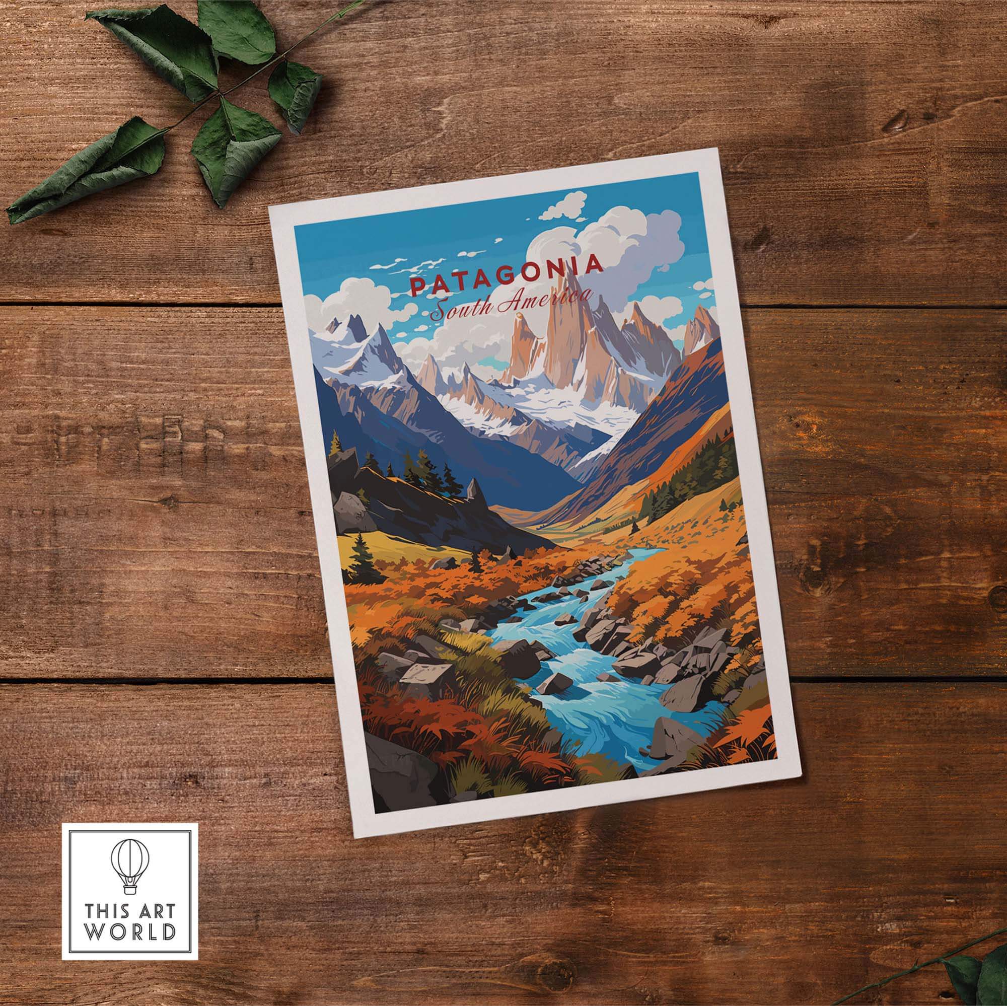 Patagonia Poster artwork featuring a vibrant landscape of mountains and a river, showcasing the beauty of South America.