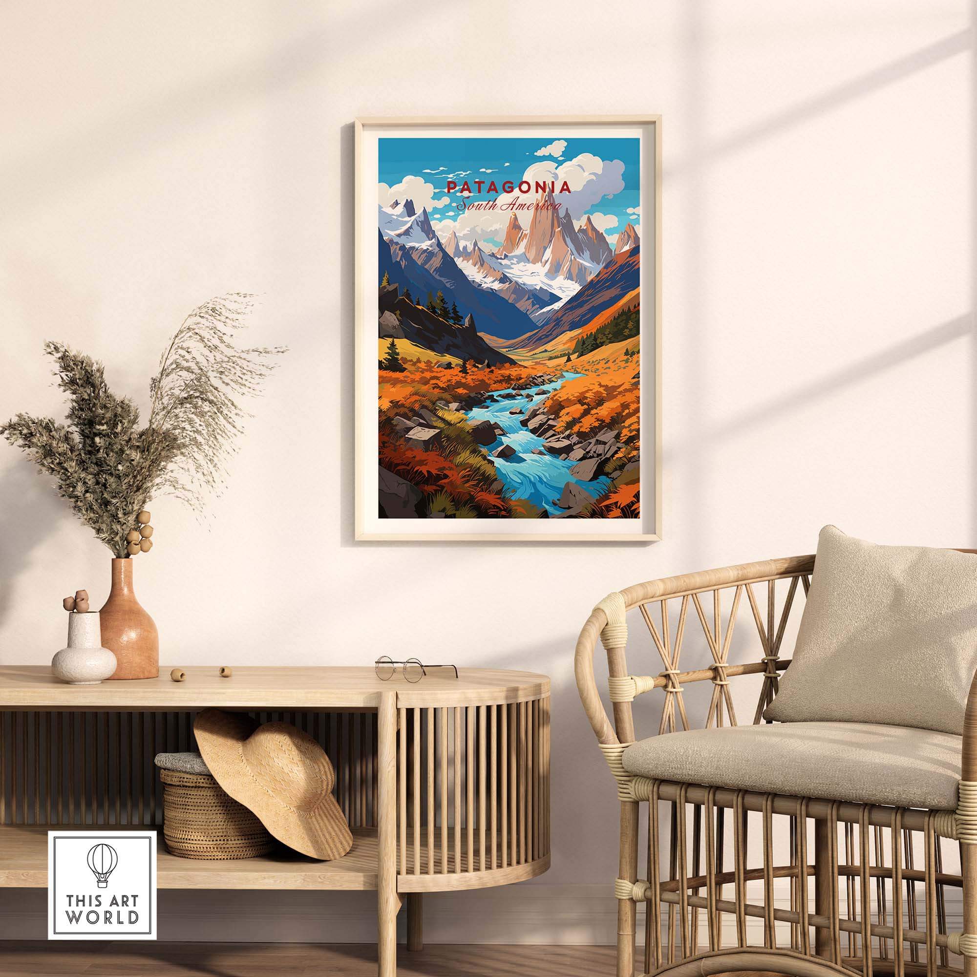 Patagonia Poster featuring vibrant colors of Patagonia's mountains and river, perfect for travel enthusiasts and home decor.