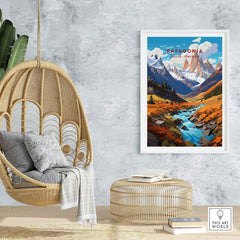 Patagonia Poster featuring vibrant mountains and river in a stylish living room setting.