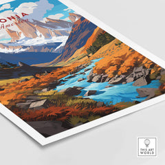 Vibrant Patagonia Poster featuring stunning landscapes of South America with mountains, rivers, and autumn colors.