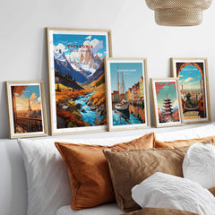 Framed Patagonia Poster among other travel posters, showcasing vibrant landscapes and city scenes for a stylish gallery wall.