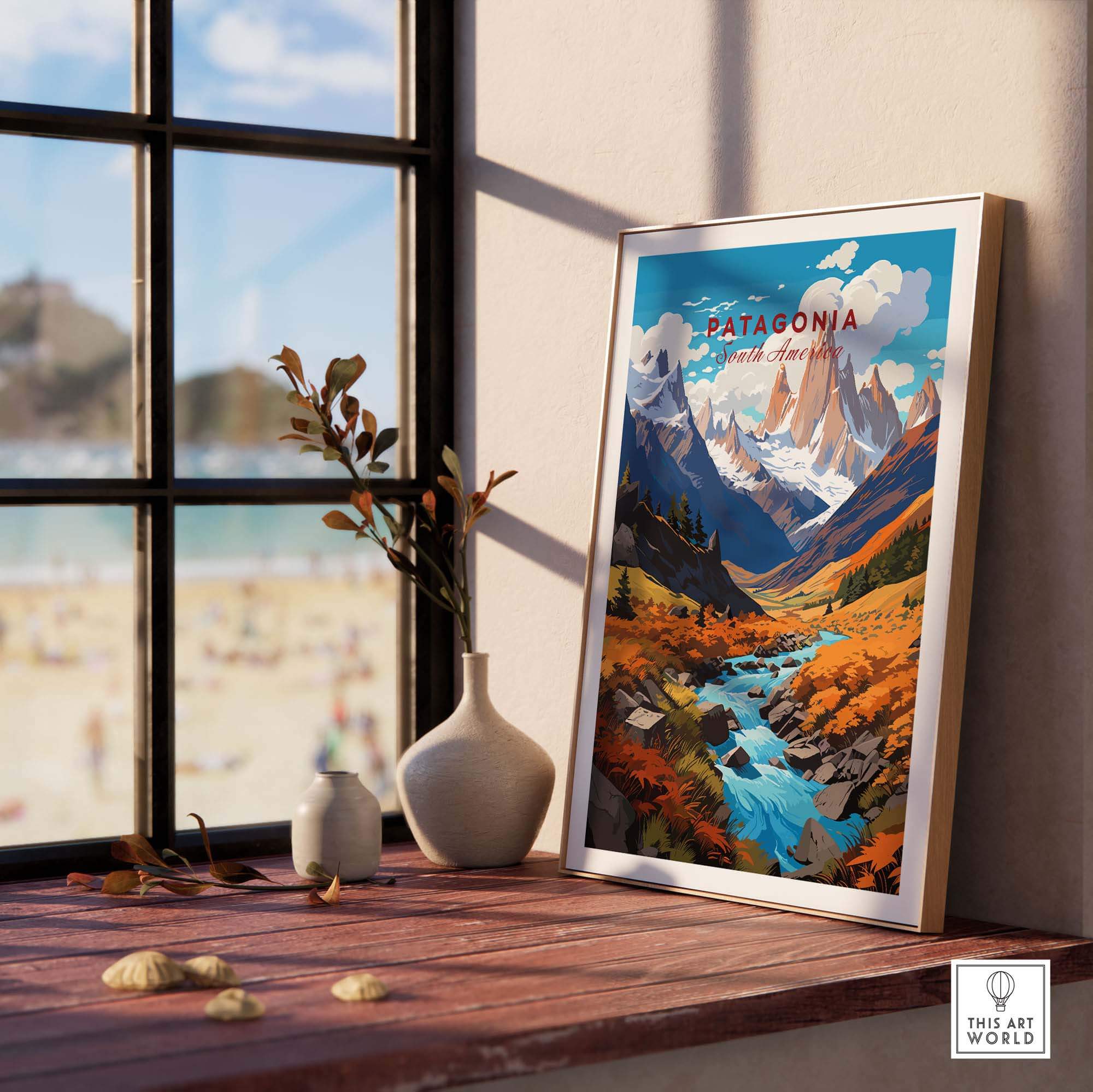 Patagonia Poster displayed on a windowsill, showcasing vibrant colors and breathtaking landscapes of Patagonia.