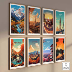 Patagonia Poster and other travel prints displayed on a wall, showcasing beautiful cityscapes and landscapes.