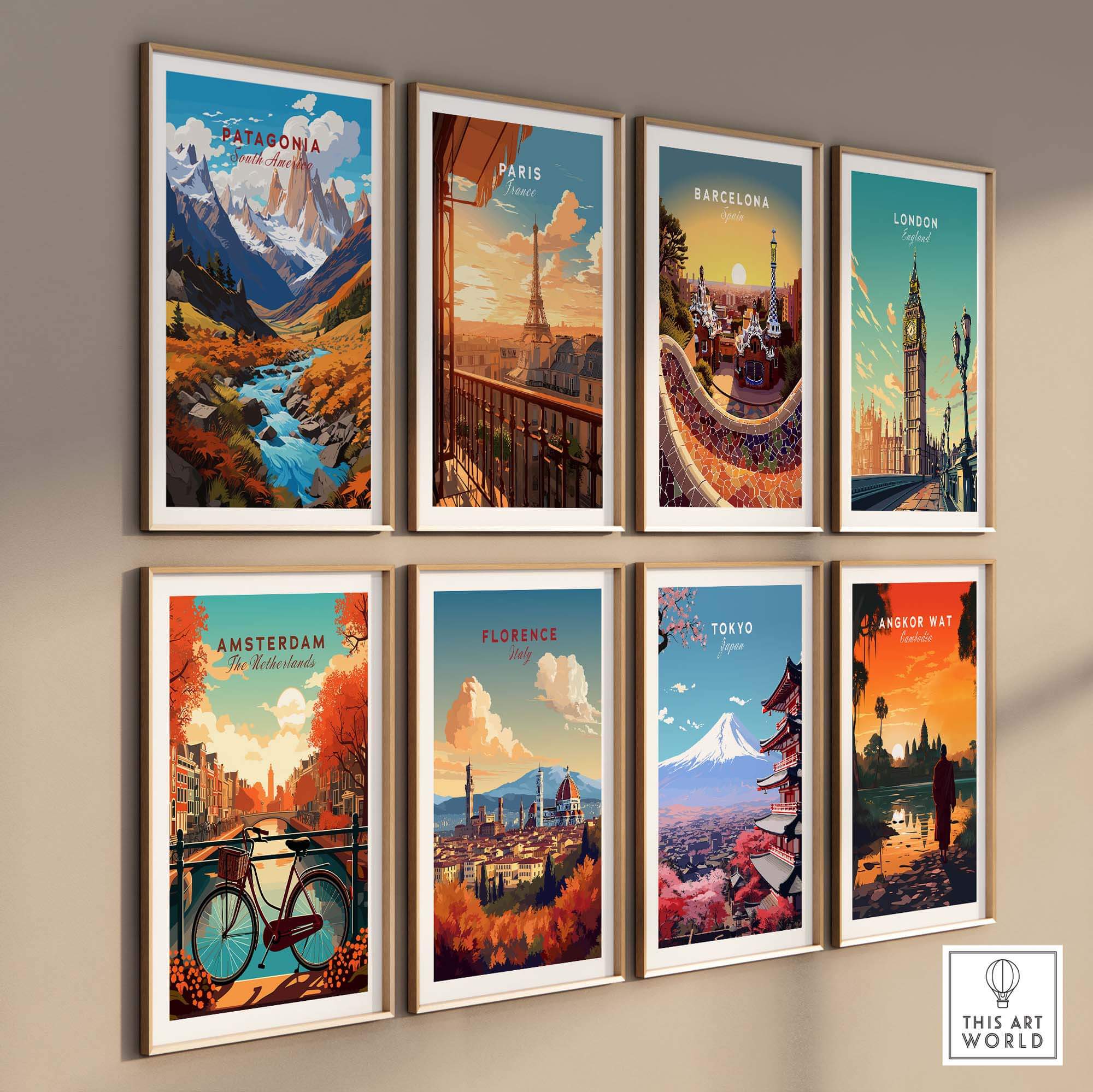Patagonia Poster and other travel prints displayed on a wall, showcasing beautiful cityscapes and landscapes.