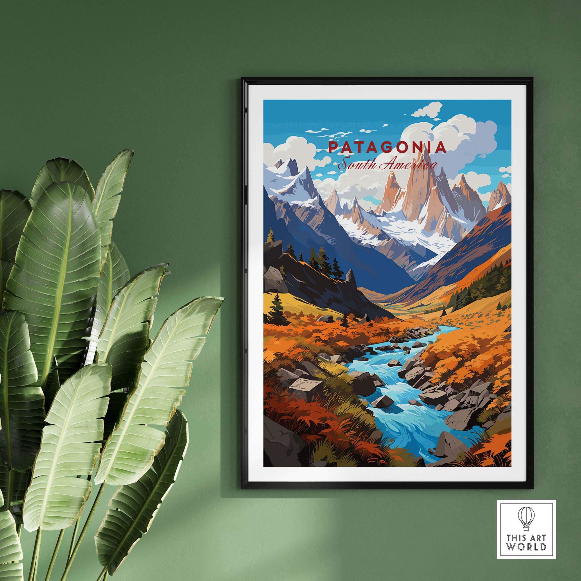 Patagonia Poster featuring stunning mountain landscapes and vibrant colors in a South America travel print.