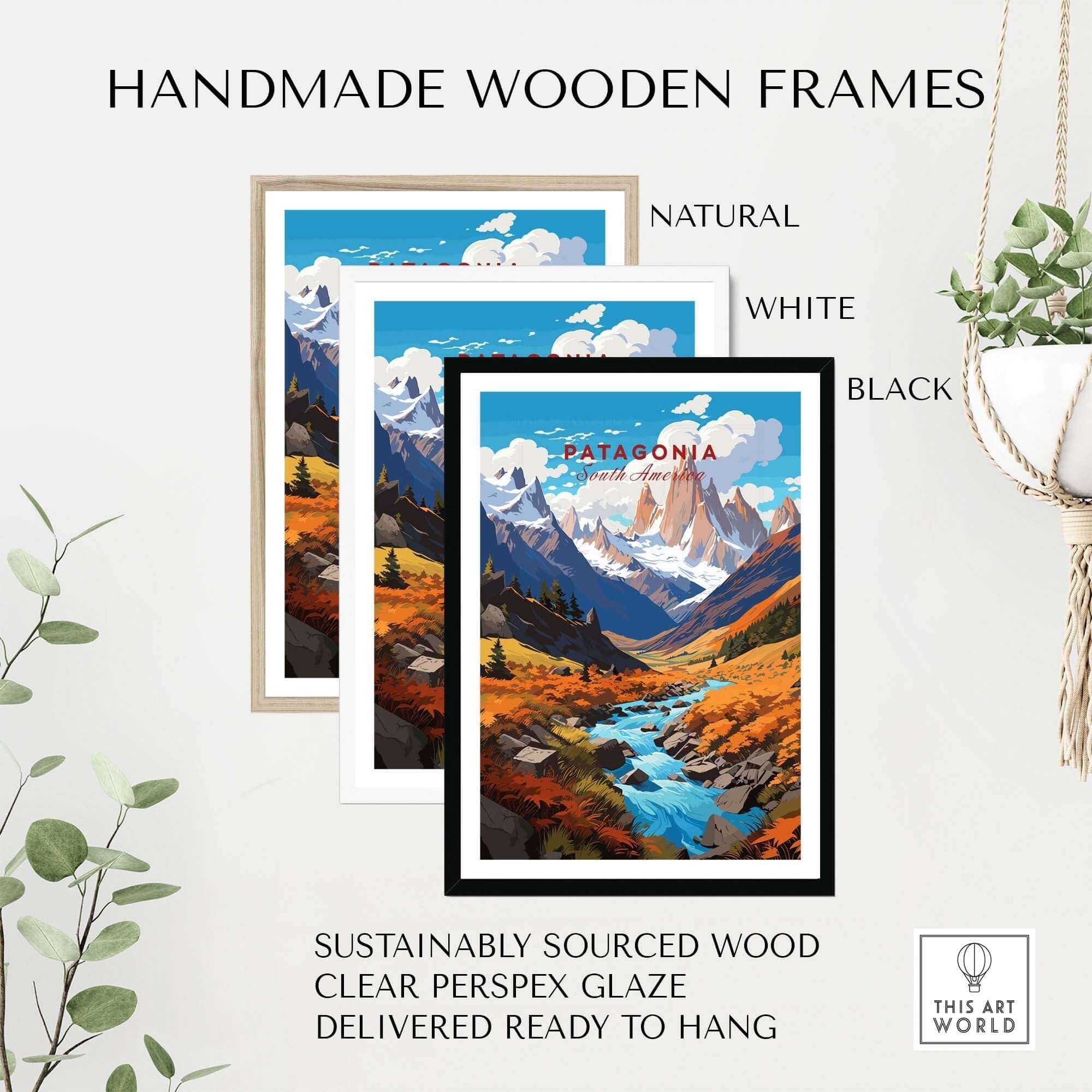 Patagonia Poster framed in handmade wooden frames available in natural, white, and black options.