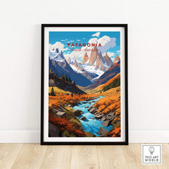 Patagonia Poster featuring vibrant landscape of mountains and river, perfect for travel enthusiasts and adventure seekers.