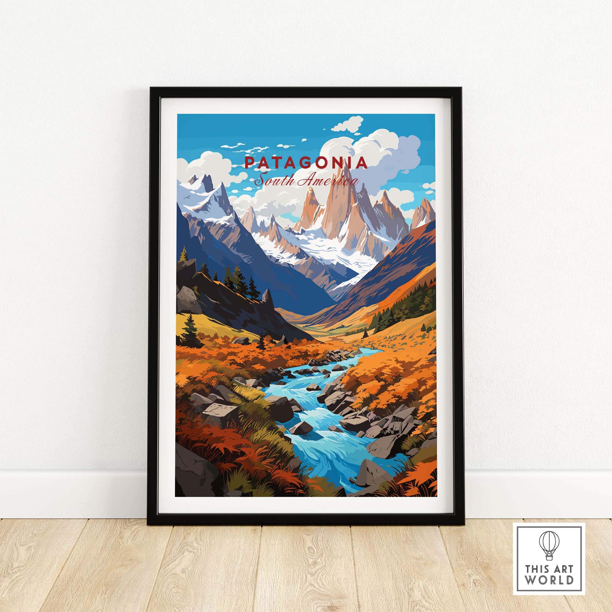 Patagonia Poster featuring vibrant landscape of mountains and river, perfect for travel enthusiasts and adventure seekers.