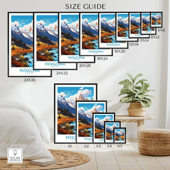 Patagonia Print size guide showcasing various wall art poster dimensions for outdoor decor.