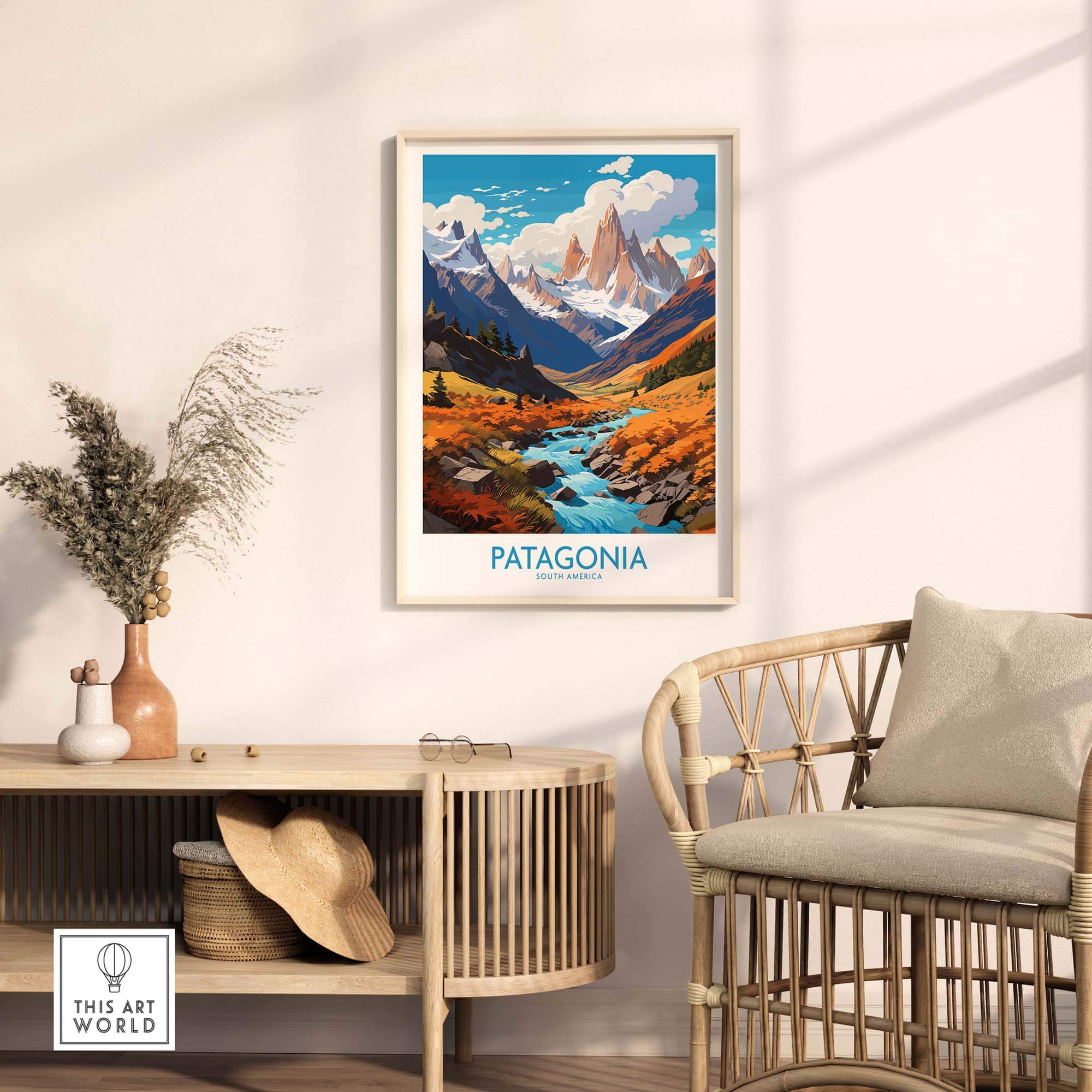 Patagonia Print showcasing a scenic landscape with mountains and a river, perfect for outdoor enthusiasts.