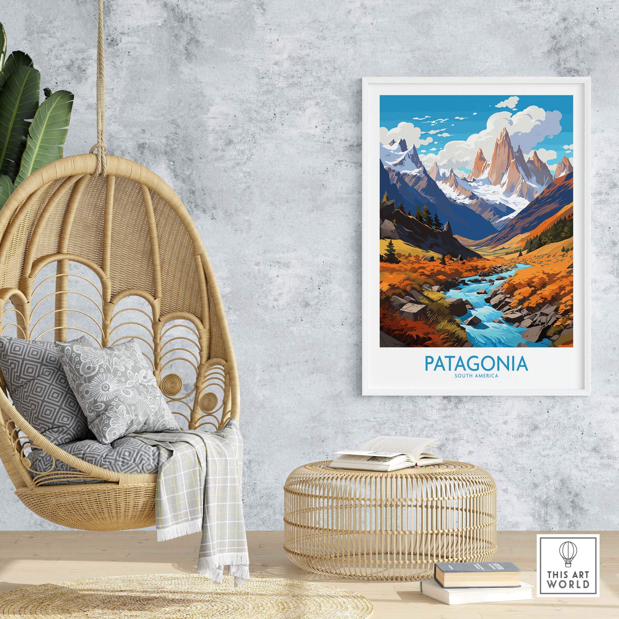Patagonia Print showcasing a beautiful landscape in vibrant colors, perfect for enhancing outdoor-themed decor.