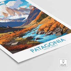 Patagonia Print showcasing vibrant South America landscapes with a river and mountains.