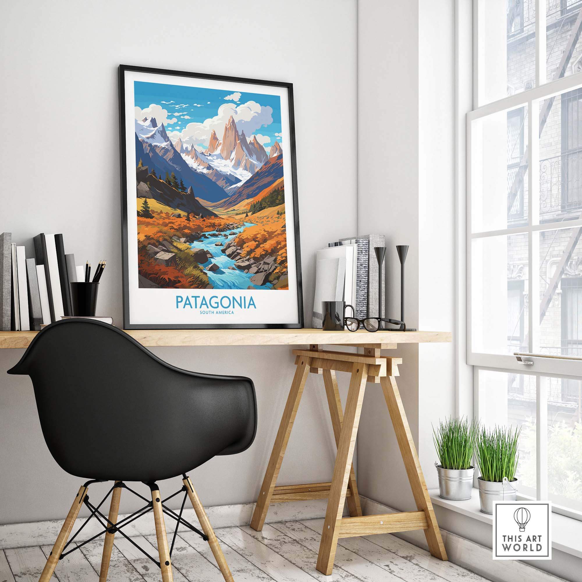 Patagonia Print displayed in a stylish indoor workspace, showcasing vibrant landscapes of Patagonia.