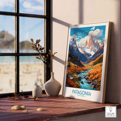Patagonia Print of stunning landscapes and colors, showcasing South America in a stylish home setting.