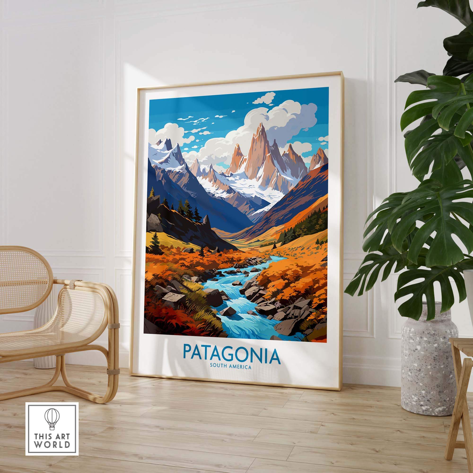 Patagonia Print showcasing stunning landscapes of South America in vibrant colors, perfect for outdoor enthusiasts.
