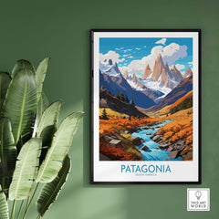 Patagonia Print featuring stunning South American landscapes with mountains and a river.