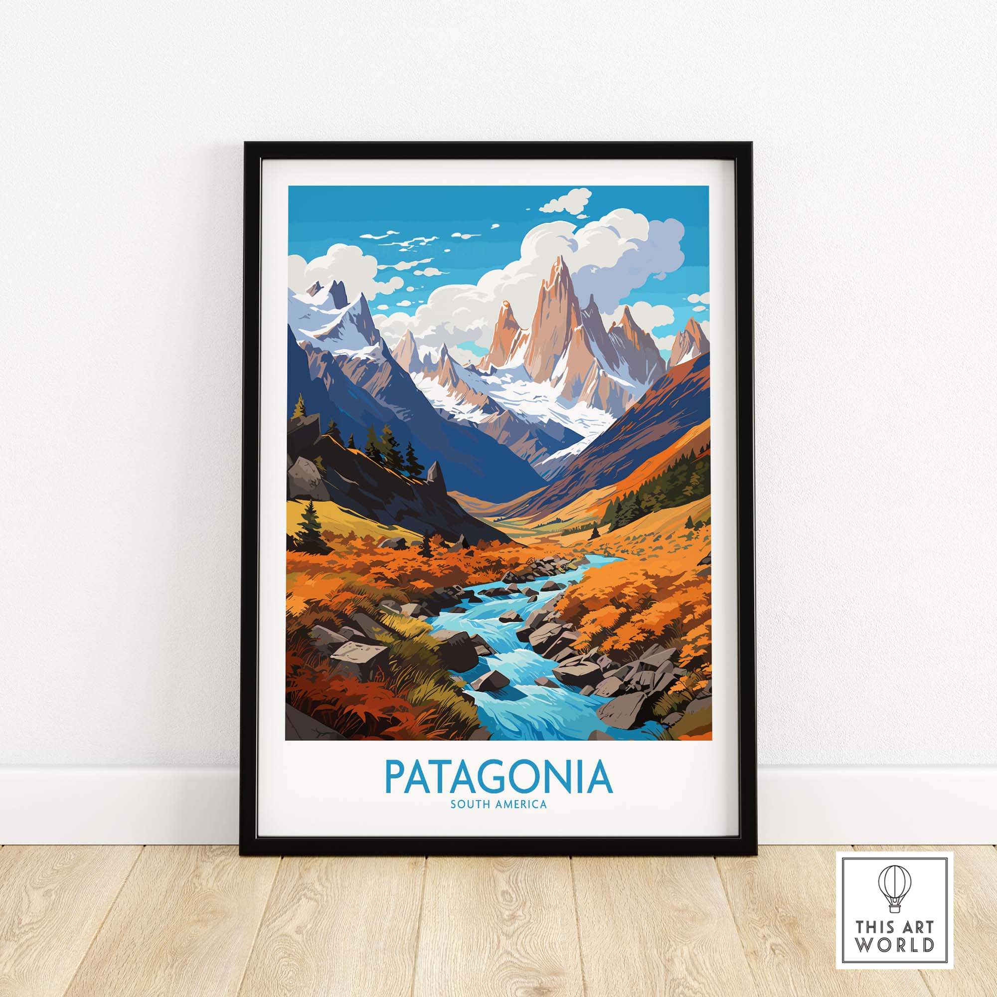 Patagonia Print featuring vibrant colors of South America landscapes in a framed wall art.