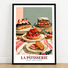 French Patisserie Bakery Wall Art - art print in black frame on wooden floor