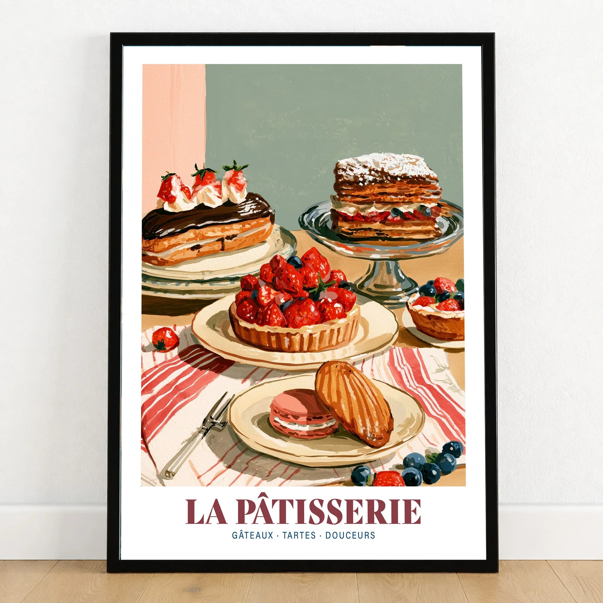 French Patisserie Bakery Wall Art - art print in black frame on wooden floor