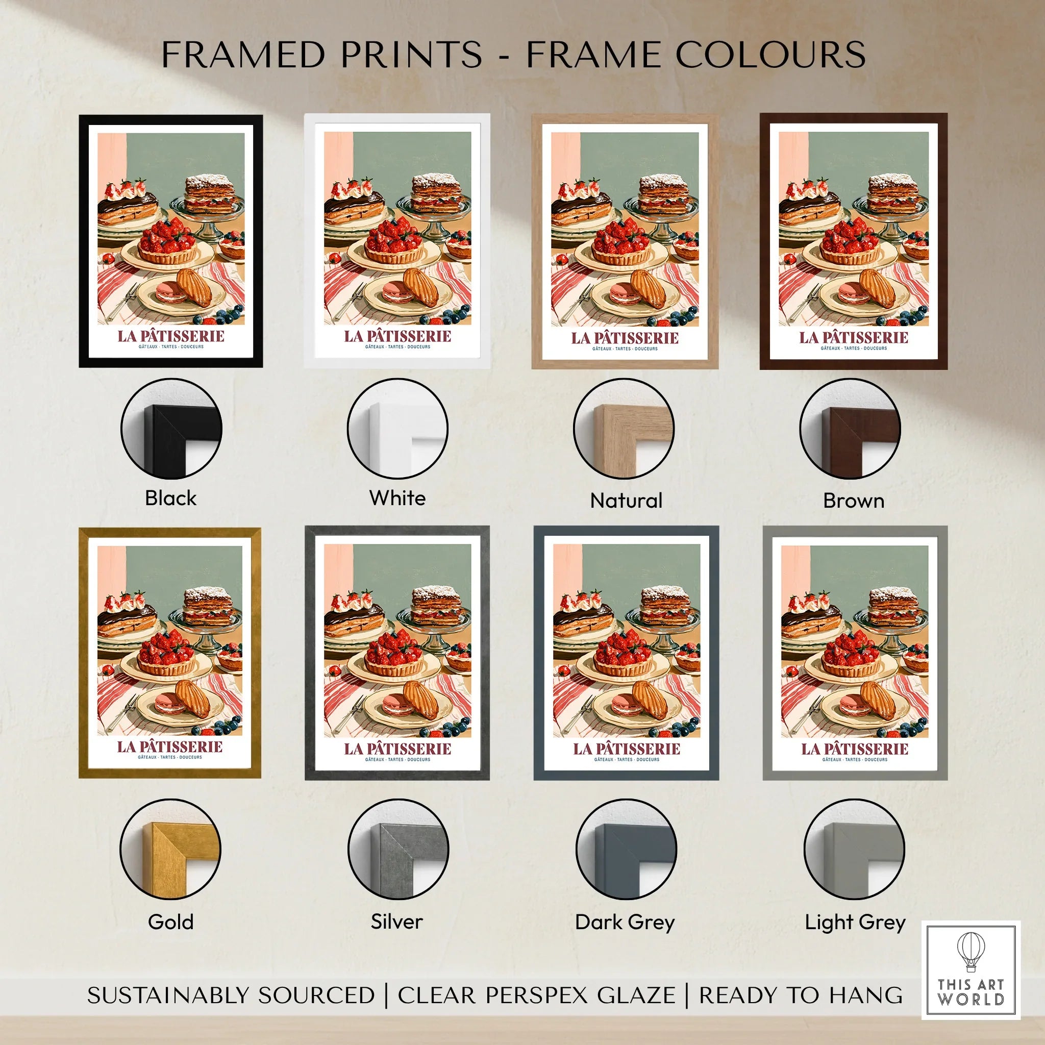 French Patisserie Bakery Wall Art - framed print colour options