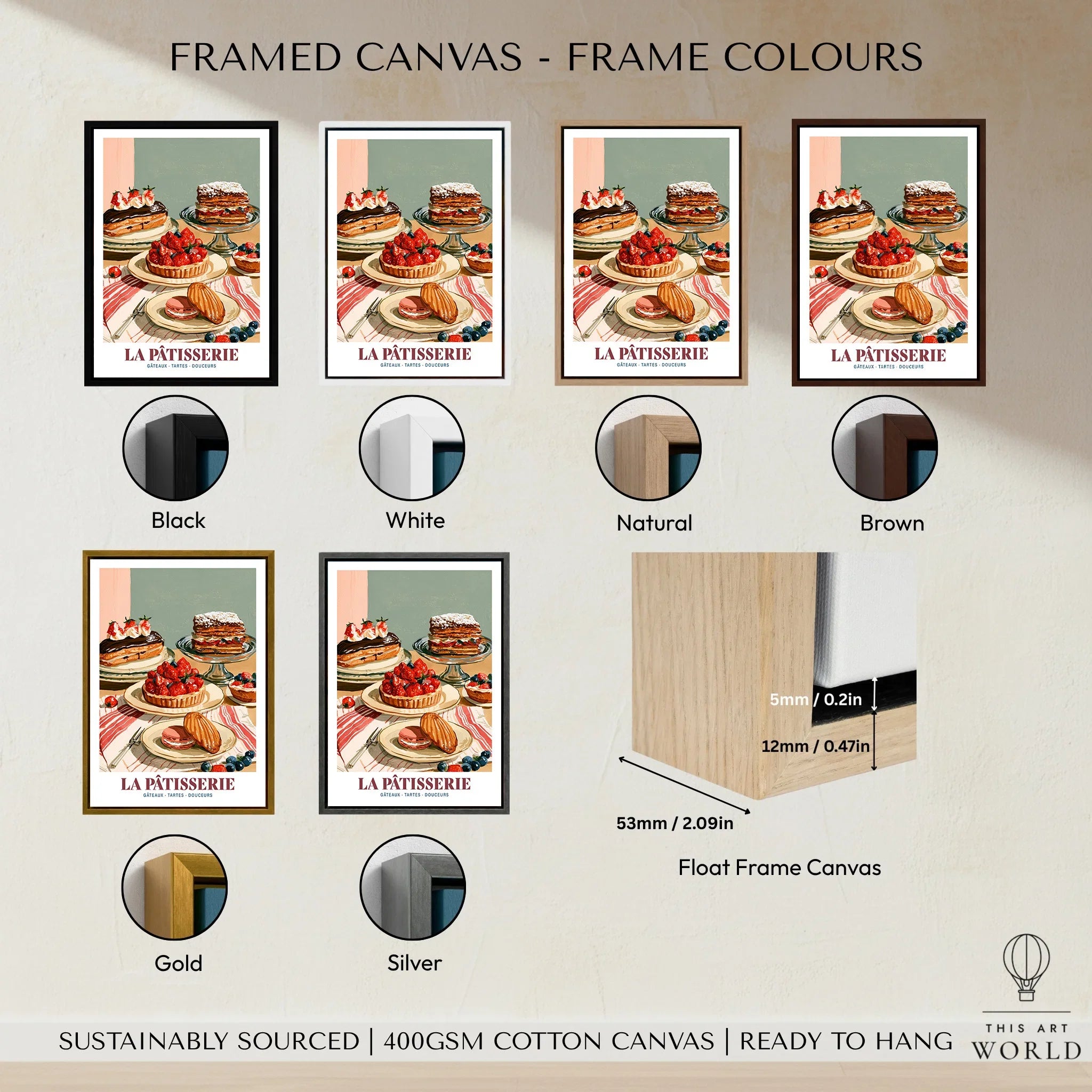 French Patisserie Bakery Wall Art - framed canvas float frame colour options