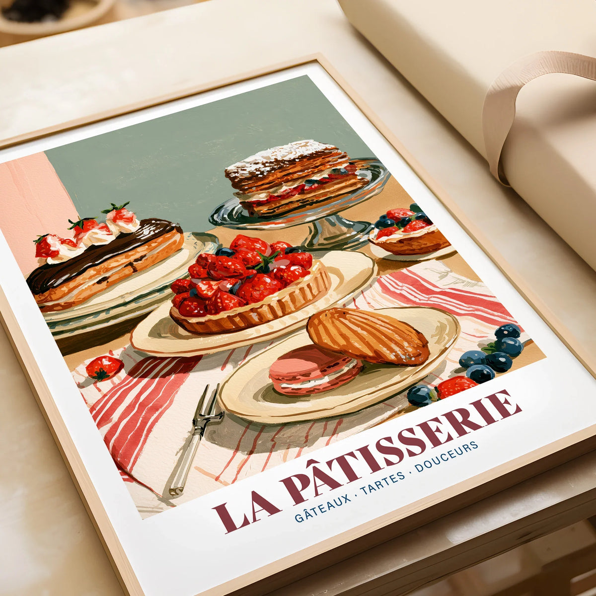 French Patisserie Bakery Wall Art - framed art print closeup gift unwrapped natural frame