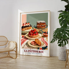 French Patisserie Bakery Wall Art - large framed print room setting chair plant