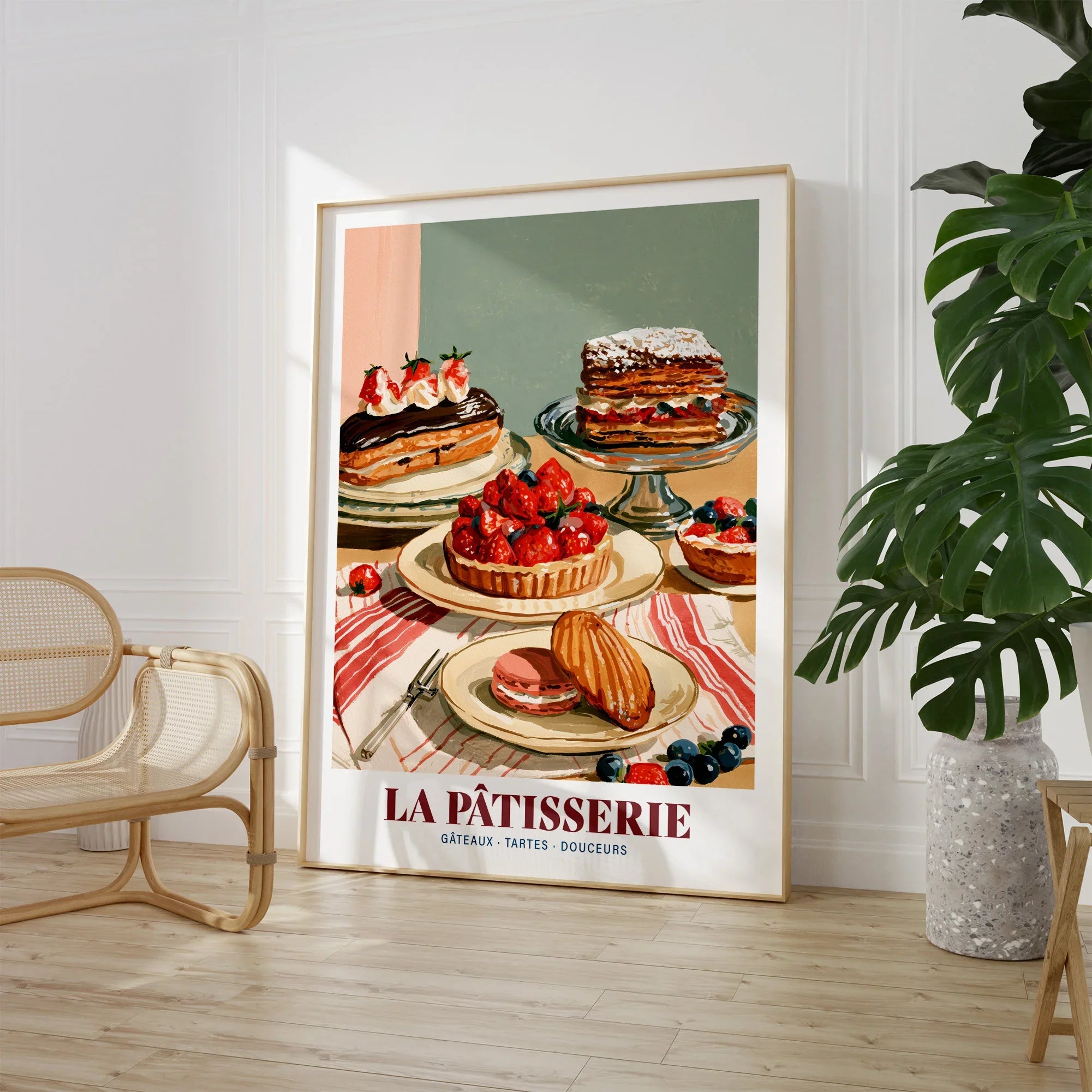 French Patisserie Bakery Wall Art - large framed print room setting chair plant