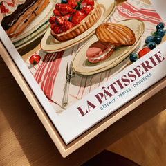 French Patisserie Bakery Wall Art - closeup framed canvas natural wood floating frame