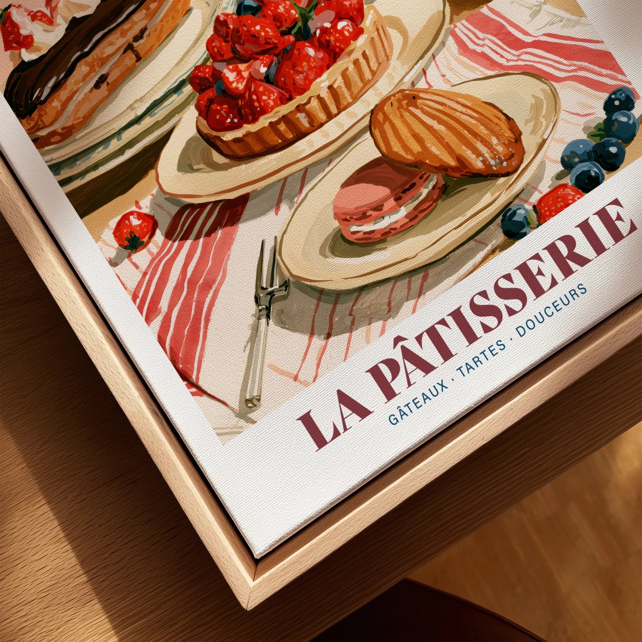 French Patisserie Bakery Wall Art - closeup framed canvas natural wood floating frame