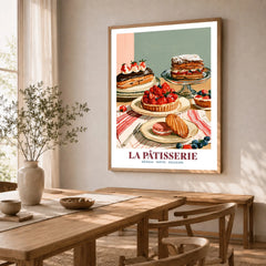 French Patisserie Bakery Wall Art - dining room framed print natural wood frame mockup ThisArtWorld