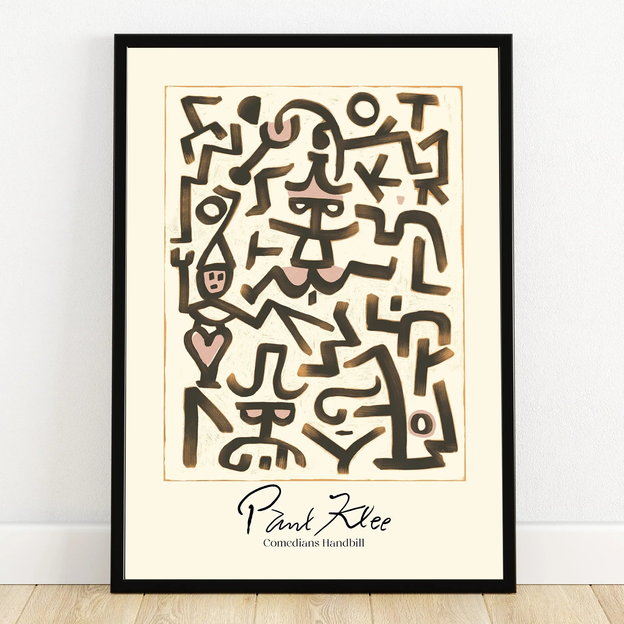 Framed abstract Paul Klee wall art with bold black line shapes and minimal beige background