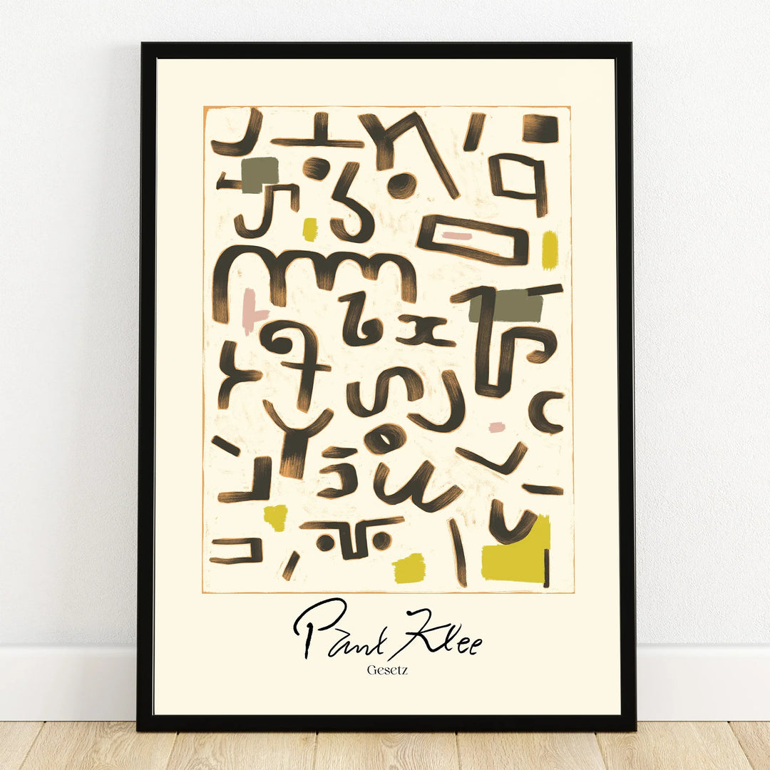 Abstract Paul Klee wall art print in black frame with geometric shapes and earth tones