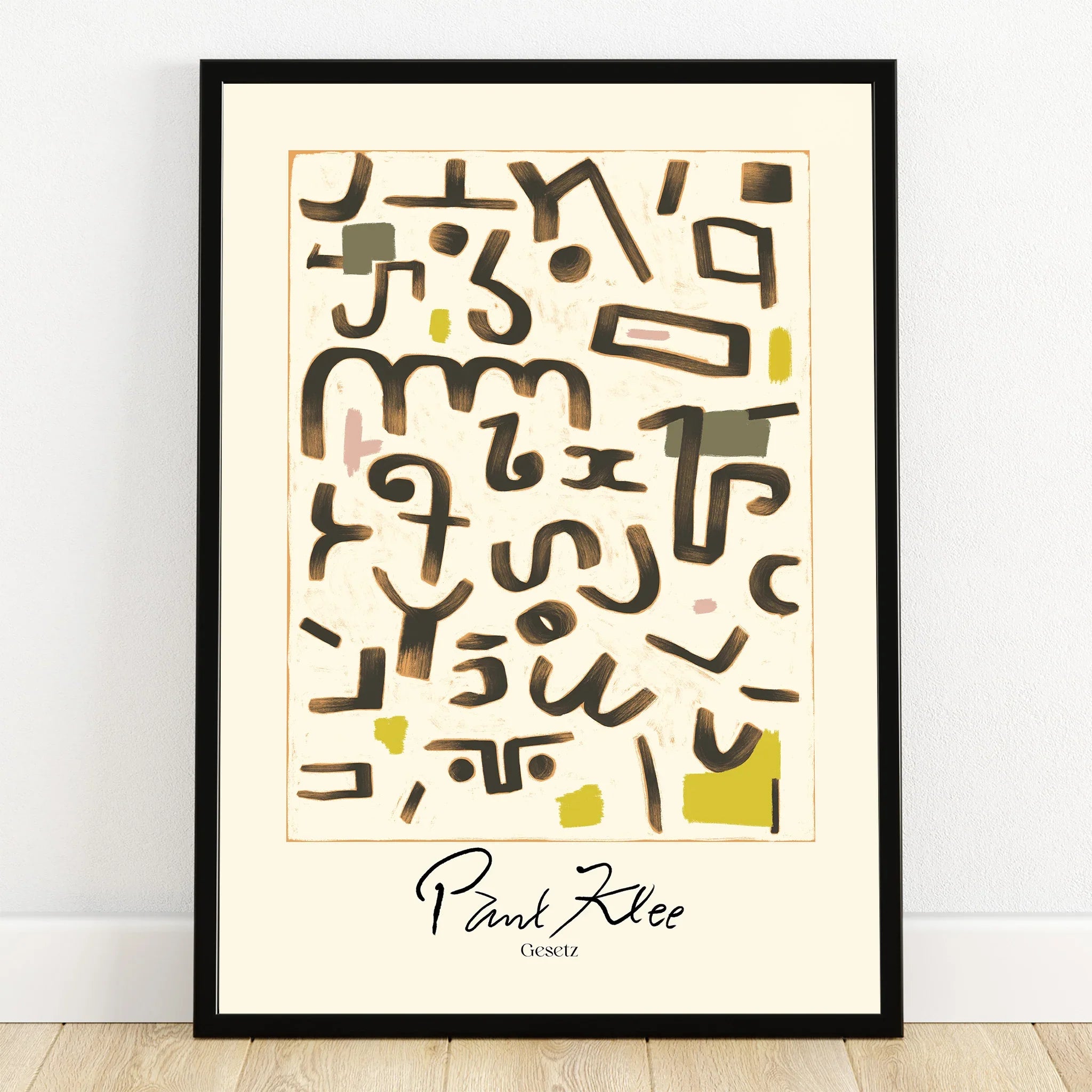 Abstract Paul Klee wall art print in black frame with geometric shapes and earth tones