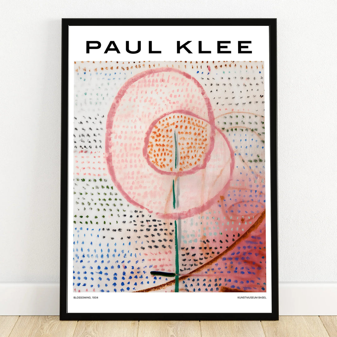 Framed Paul Klee abstract flower art print with pink, blue, and orange dotted patterns