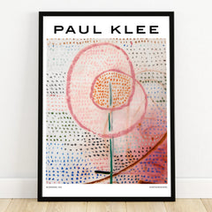 Framed Paul Klee abstract flower art print with pink, blue, and orange dotted patterns