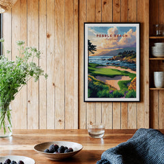 Pebble Beach Golf Links Poster - California Coastal Golf Course Wall Art hanging in a rustic wooden interior with flowers and table.