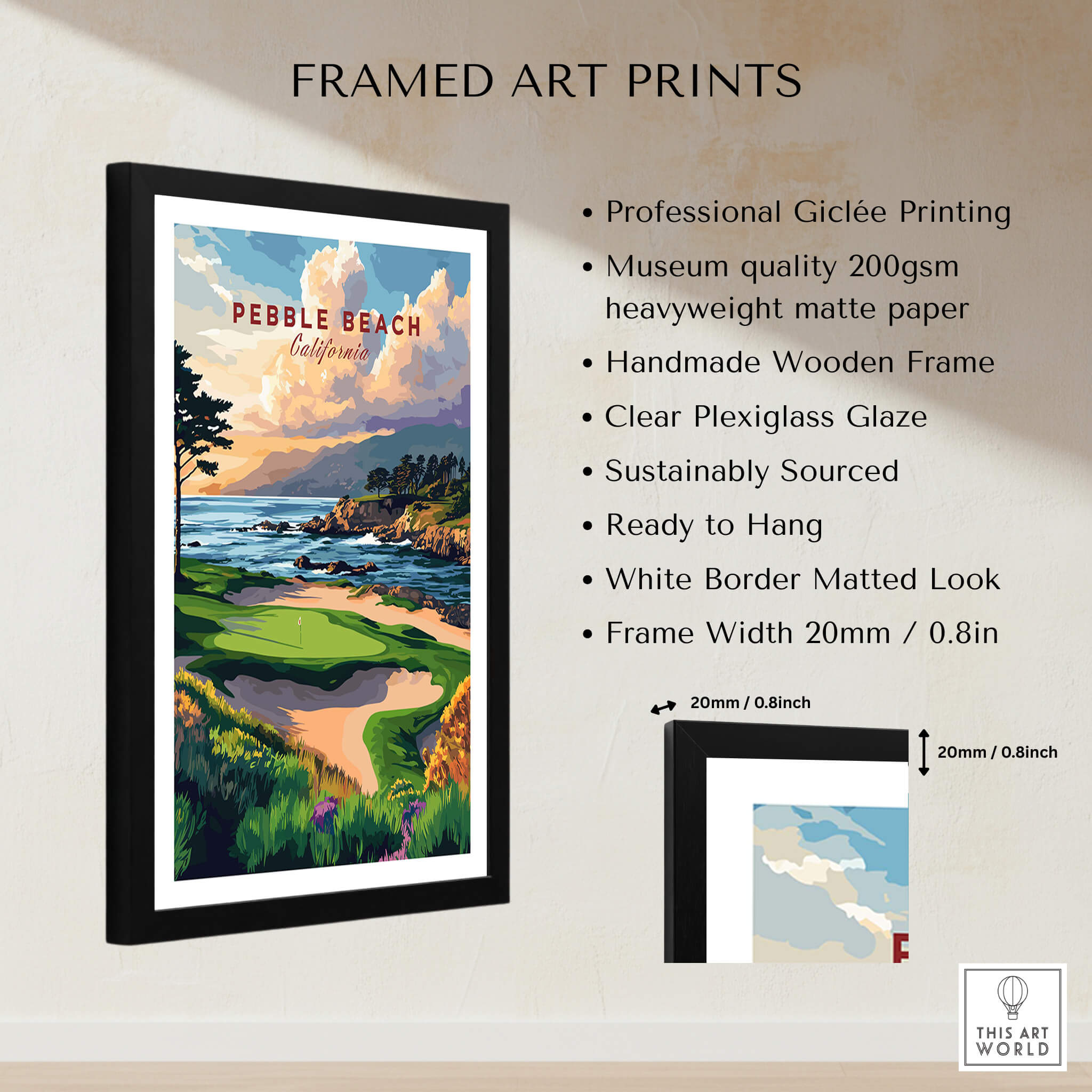 Pebble Beach Golf Links Poster - California Coastal Golf Course Wall Art displayed in a framed print with professional giclée printing.