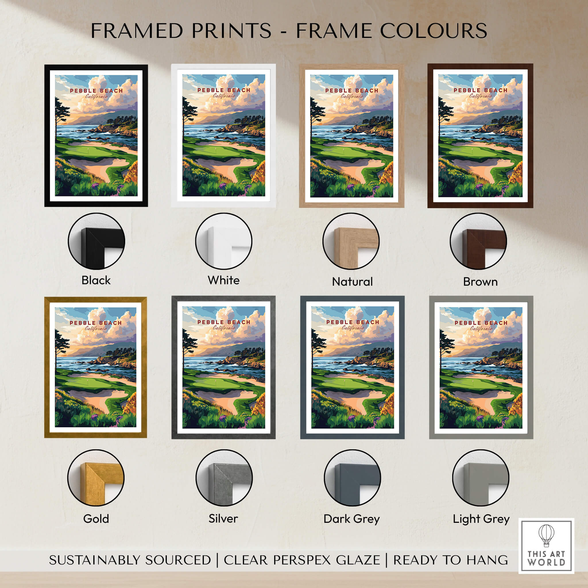 Pebble Beach Golf Links Poster - California Coastal Golf Course Wall Art featuring framed prints in various colors.