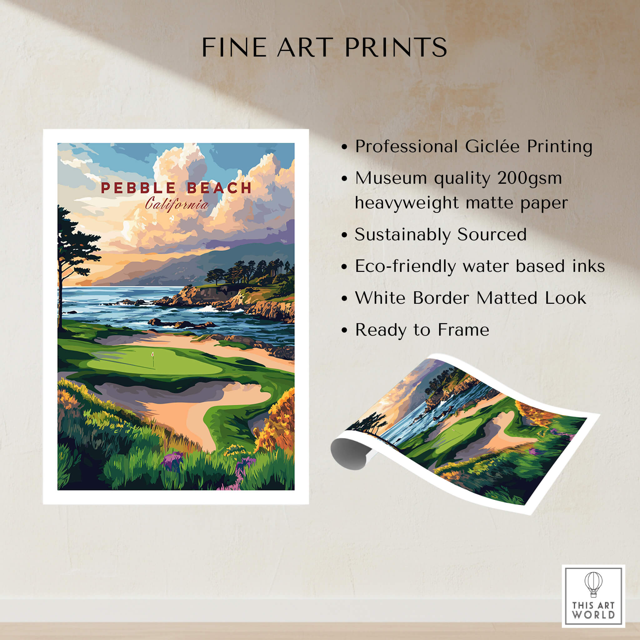 Pebble Beach Golf Links Poster - California Coastal Golf Course Wall Art showcasing a vibrant coastal scene.